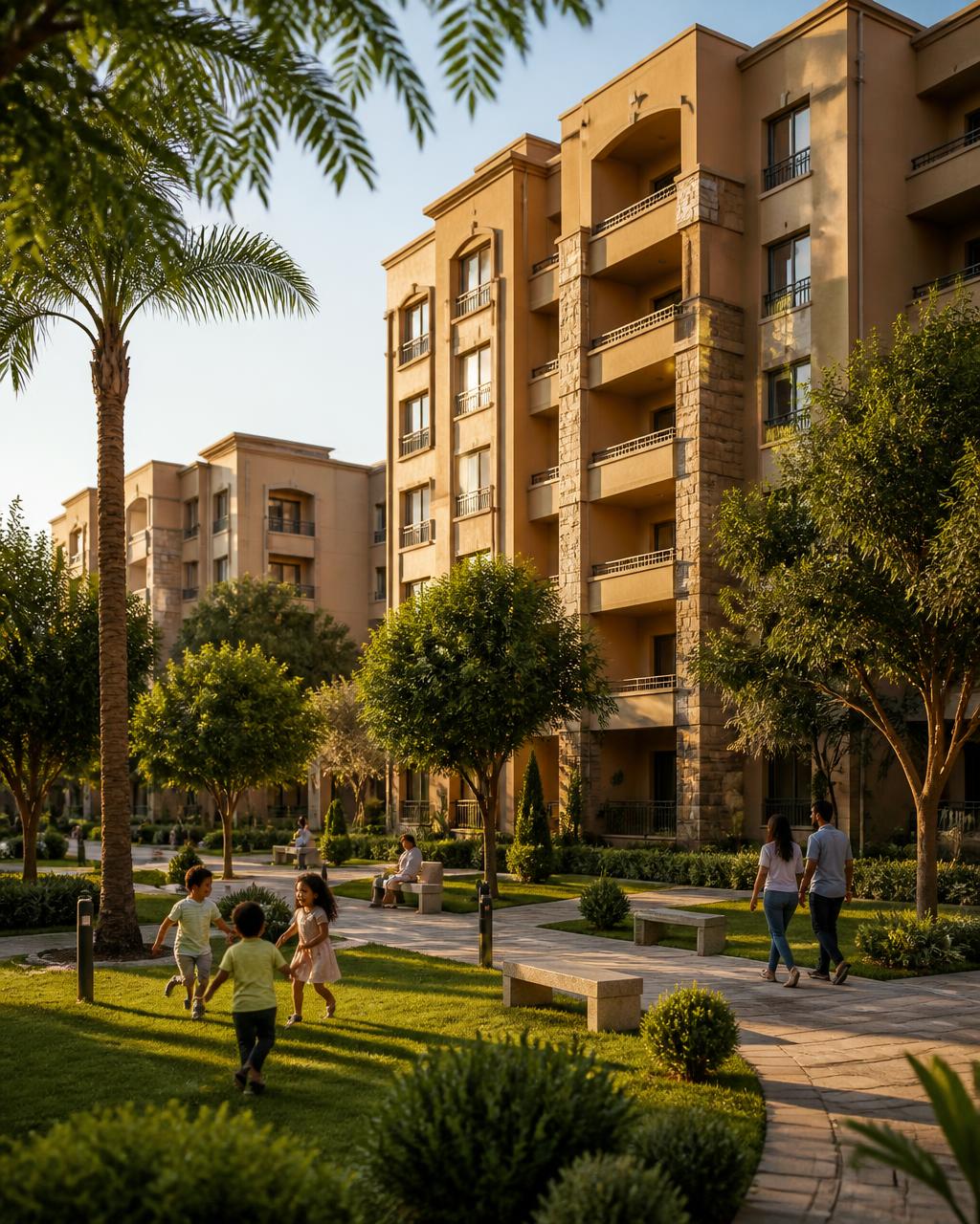 Children playing on a landscaped green garden in front of ZAD residential buildings at golden hour