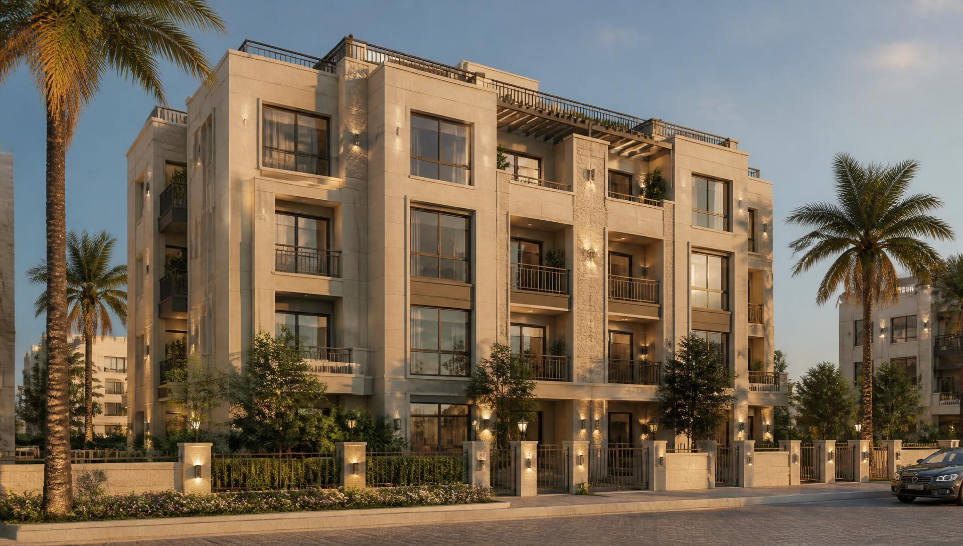 An elegant ZAD Developments residential building in October City at golden hour